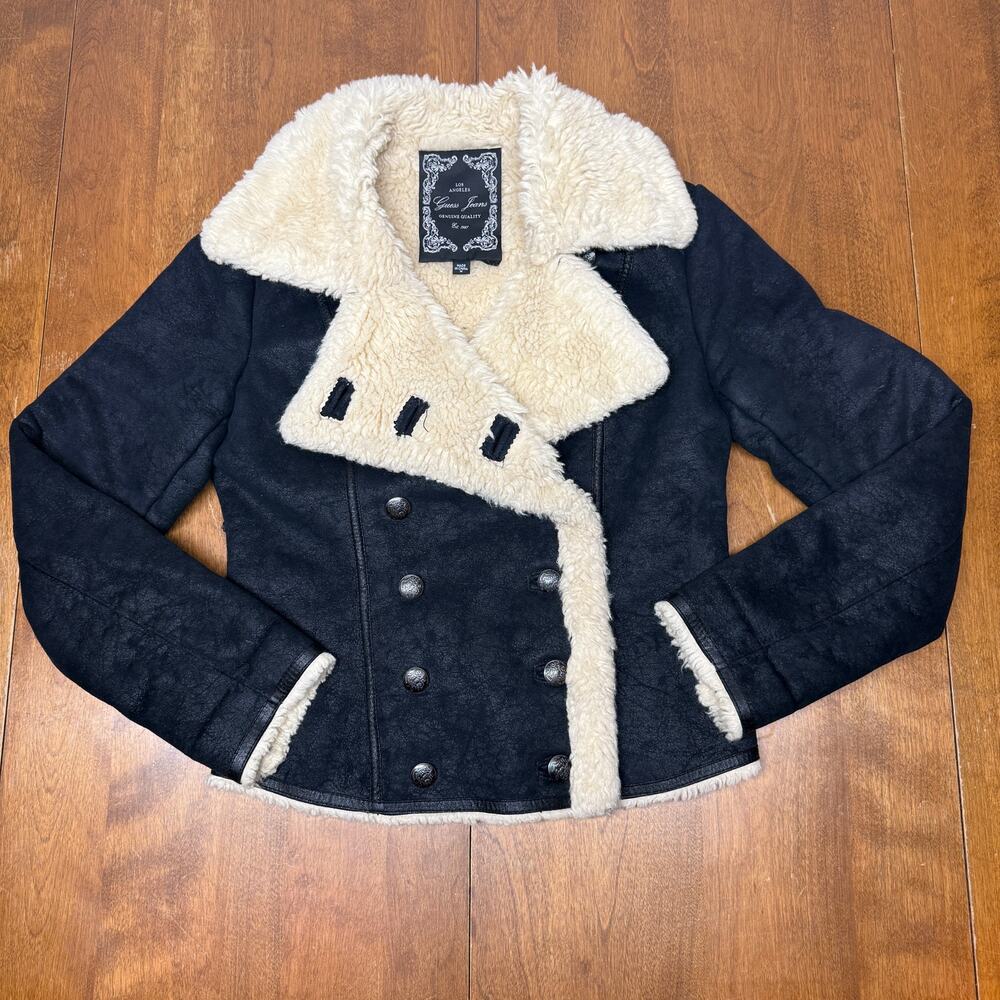 GUESS Jeans Women's M Black Faux Shearling Double Breasted Jacket Sherpa